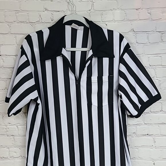 Vintage 80s/90s Majestic Official Referee Uniform Striped Shirt 1/4 Zip Costume - Picture 2 of 5